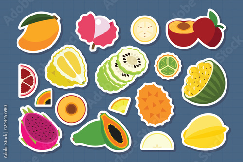 Set of stickers of fresh fruits, Mango, Litchi, Ugli fruit, Dragon fruit, Prickly Pear, Watermelon, Papaya, Starfruit, Annona, Red plum, simple flat vector illustration.