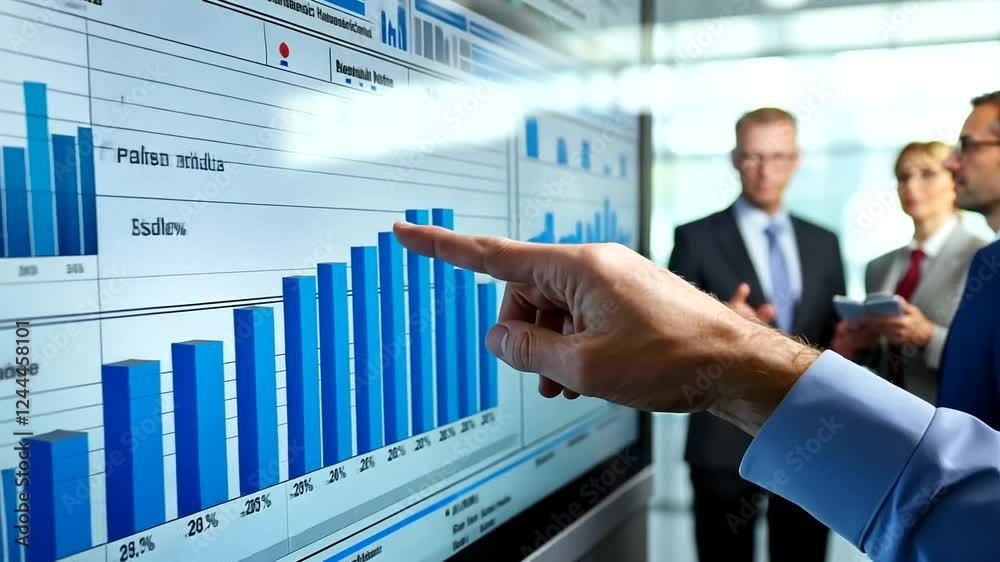 Analyst presents data charts on touchscreen, office background