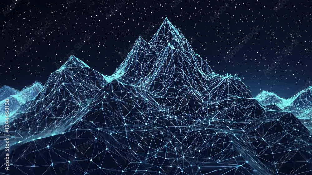 Futuristic wireframe mountains beneath a starry night sky