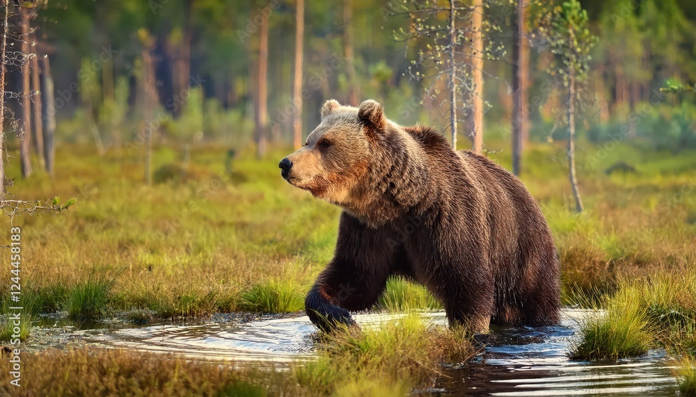 Majestic Brown Bear Roaming through a Summery Boglandscape, Capturing the Enchanting Wildness and Beauty of Alaskas Wilderness Majestic Brown Bear Roaming through a Summery Boglandscape, Capturing the Enchanting Wildness and Beauty of Alaskas Wilderness