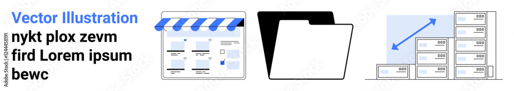 Webpage layout illustration, closed file folder, and bar chart illustrating increasing data. Ideal for business analytics, data organization, website development, document management, growth Webpage layout illustration, closed file folder, and bar chart illustrating increasing data. Ideal for business analytics, data organization, website development, document management, growth