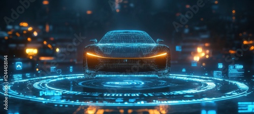 Futuristic hologram display of an innovative electric car in digital blue light