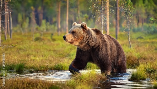 Majestic Brown Bear Roaming through a Summery Boglandscape, Capturing the Enchanting Wildness and Beauty of Alaskas Wilderness photo