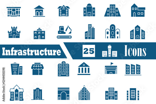 Business infrastructure and architecture icons set. Containing strategy, execution, management, execution, operations, service, planning, buildings icon. Vector illustration