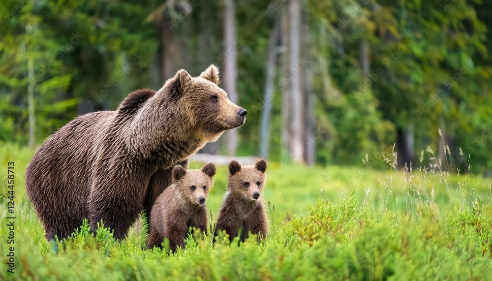 Fototapeta premium Gentle Giant A Family of Brown Bears Lounging in a Lush Green Meadow Under the Dusky Sky, Capturing Tranquil Moments in the Wilderness