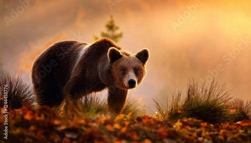 Fototapeta Naklejka Na Ścianę i Meble -  Majestic Brown Bear, Ursus arctos in the Snowy Bieszczady Mountains at Dusk, Carpathians, Poland A Symphony of Winter Tranquility and Wilderness Beauty