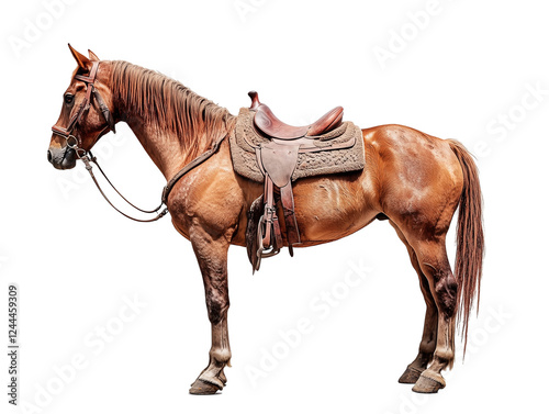 a healthy, young brown riding horse with a saddle on its back