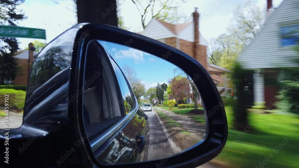 A view of the passenger's rear view mirror while driving through a residential neighborhood. Pittsburgh suburbs.  	