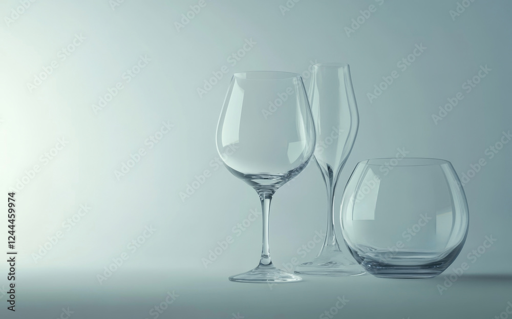 Elegant arrangement of glassware and glass vessels, showcasing transparency, light reflections, and refined aesthetics. Perfect for luxury, dining, or interior design themes with a modern touch. Elegant arrangement of glassware and glass vessels, showcasing transparency, light reflections, and refined aesthetics. Perfect for luxury, dining, or interior design themes with a modern touch.