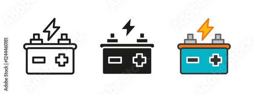 Accumulator battery icon. Power generator vector illustration. Electric car charger symbol. Plus and minus electricity sign. Auto energy charging pictogram. Car accumulator battery concept isolated.