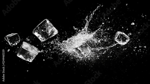 Water splash with ice cubes and splatters. Isolated 3d vector crystalline blocks collide with liquid vigor, creating a mesmerizing dance. Frozen shrapnel capturing transient beauty of liquid and solid