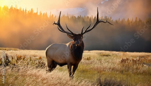Majestic Bull Elk Amidst Autumnal Forest, Showcasing Vigor and Passion during the Rutting Season in a Moody, Enchanting Alpine Landscape.
