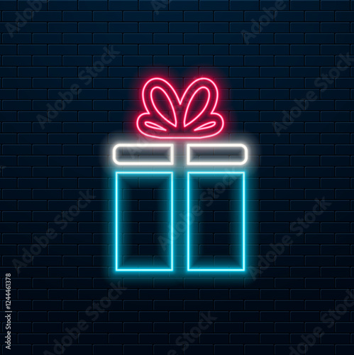 Neon gift box icon of depicted structure. Glowing neon gift box frame with crown sign, royal gift pictogram. Premium gift, luxury gift, royal prize and toast, best surprise. Vector Icon Set