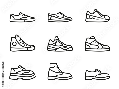 Shoes icon set. Sneakers vector illustration collection. Casual, sports and classic style footwear symbol. Fashionable trendy shoe collection. Sportswear pictogram. Elegant leather boots silhouette.