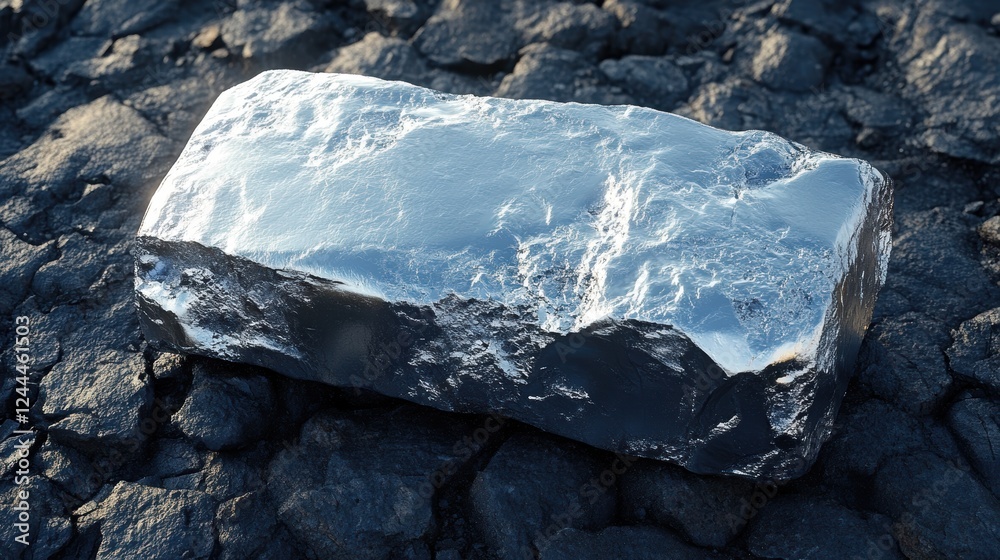 A shiny metallic block resting on a textured surface.
