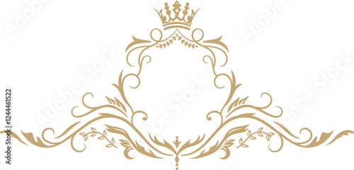 This golden floral ornament with a majestic crown creates a luxurious and elegant frame, perfect for adding a touch of sophistication and royalty to any design