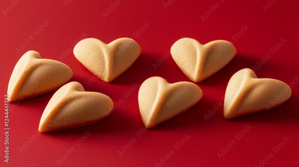 Obraz premium Heart-shaped cookies on a red background. Deliciously textured heart-shaped fortune cookies.