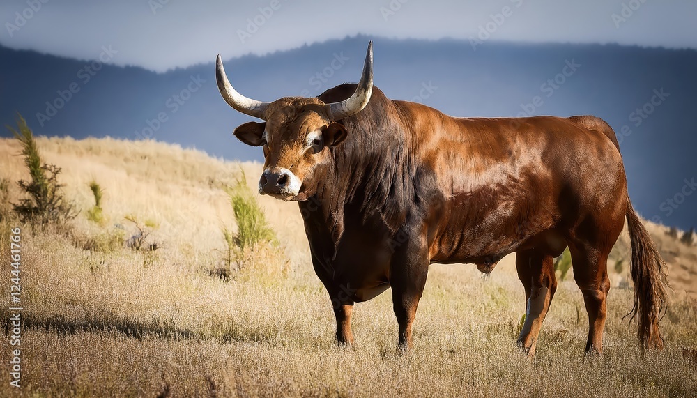 Powerful Rustic Majesty A Captivating CloseUp of a Sturdy Bull in a Sunlit Field, Showcasing Its Strong Textures and Intense Gaze, Evoking the Spirit of Rural Living. Powerful Rustic Majesty A Captivating CloseUp of a Sturdy Bull in a Sunlit Field, Showcasing Its Strong Textures and Intense Gaze, Evoking the Spirit of Rural Living.