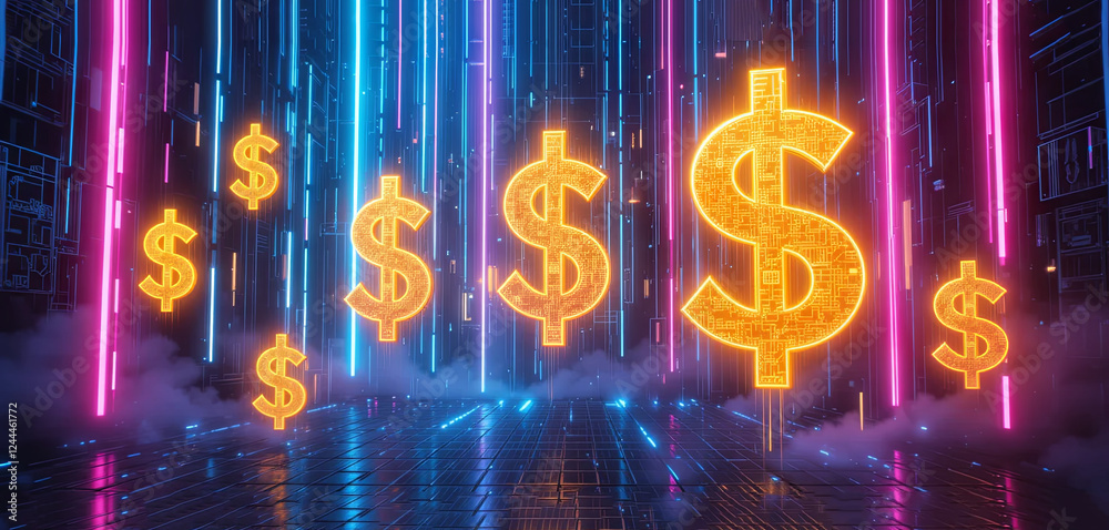 Bright neon dollar symbols float in a high-tech environment, surrounded by glowing lights and mist, creating an energetic atmosphere reminiscent of a digital marketplace Bright neon dollar symbols float in a high-tech environment, surrounded by glowing lights and mist, creating an energetic atmosphere reminiscent of a digital marketplace