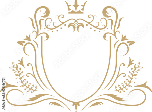 Featuring an elegant golden floral heraldic crest adorned with a crown, framing an empty space and creating a sophisticated, regal design perfect for vintage invitations or branding