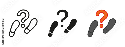 Footprint with question mark icon. Footstep evidence tracking vector illustration. Detective investigation foot print symbol. Step trace magnifying glass sign. Criminal mystery or secret. Suspect clue