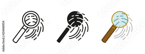 Fingerprint with magnifying glass icon. Finger print evidence reveal vector illustration. Crime investigation symbol. Detective dactylogram sign. Forensic suspect proof pictogram. Evidence research.