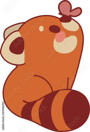 Cute kawaii illustration of a funny cartoon red panda with a butterfly.