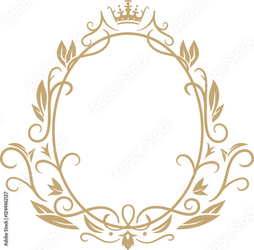 This elegant gold floral oval frame features a crown embellishment, creating a regal and sophisticated design perfect for invitations, logos, or any project needing a touch of royal elegance