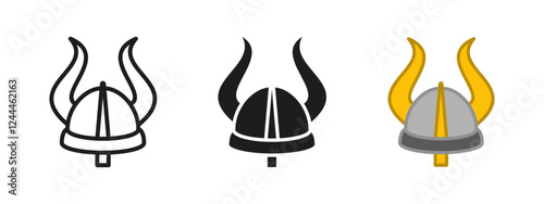 Horned helmet icon. Viking helmet vector illustration. Knight helmet with horns symbol. Medieval warrior armor sign. Barbarian nordic sailor armour. Ancient soldier battle headwear. Valhalla concept.