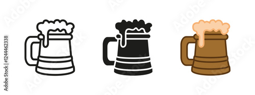 Beer mug icon. Pint of ale symbol. Vintage wooden beer mug with foam vector illustration. Medieval tavern or pub symbol. Rustic bar sign. Alcohol beverage draft pictogram. Oktoberfest logo. Beer mug.