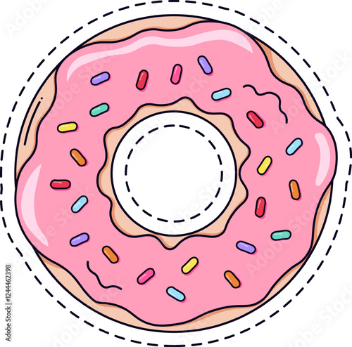 Cartoon style drawing of a delicious pink donut with colorful sprinkles and a blank circle in the center, perfect for adding custom text or designs, over white background