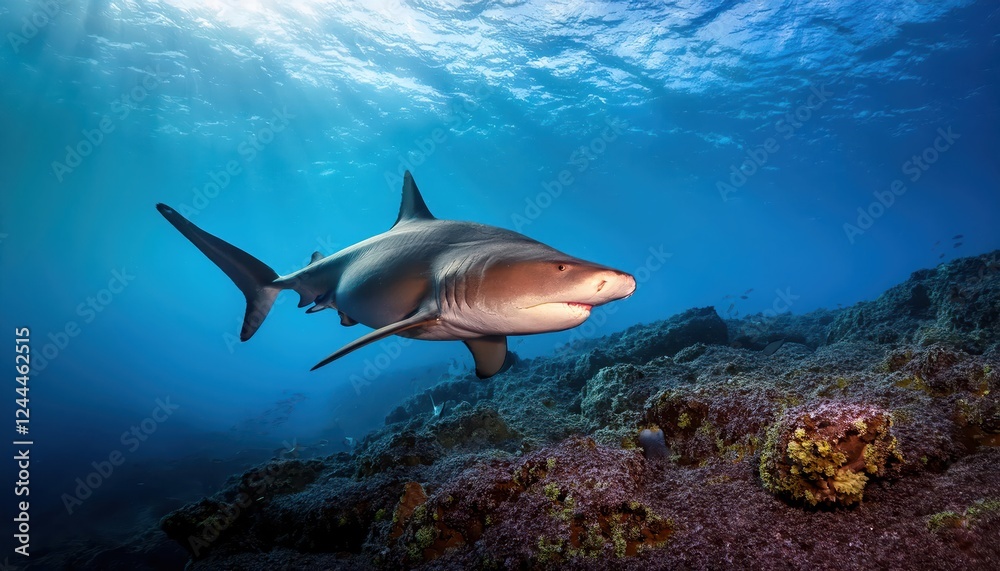 Obraz premium Aweinspiring Bull Shark Encounter at Protea Banks, South Africa Majestic marine predator glides through azure waters against a backdrop of diverse coral reefs and rich sea life.
