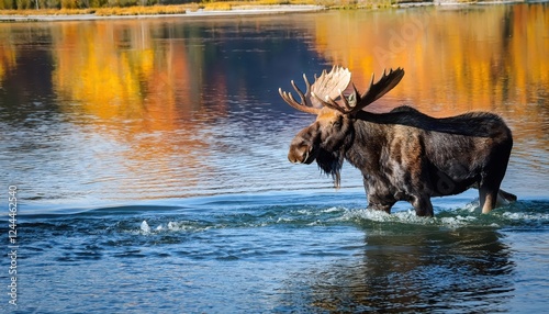 Majestic Shiras Moose Roaming AutumnTouched Grand Teton National Park, Captured in a Stunning Moment as it Crosses the Snake River against the Backdrop of Glistening Aspen and SnowCapped Peaks. photo