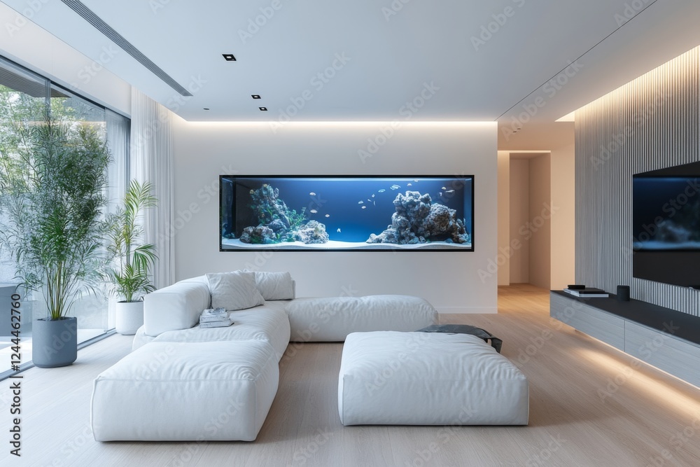 Modern minimalist living room with a panoramic view and sleek furniture Modern minimalist living room with a panoramic view and sleek furniture