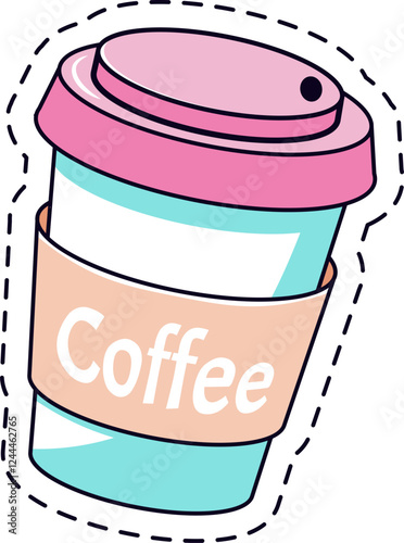 Disposable coffee cup with pink lid and protective sleeve with dashed line, ideal for representing coffee breaks, takeout beverages, and modern cafe culture