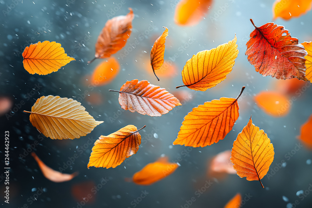 Few orange leaves are flying in the air. The leaves are scattered all over the sky. The image has a peaceful and serene mood Few orange leaves are flying in the air. The leaves are scattered all over the sky. The image has a peaceful and serene mood