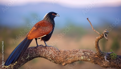 Majestic Burchells Coucal in Serene Wilderness at Zimanga Game Reserve, South Africa A Mesmerizing Moment Captured in Early Afternoon Light with Autumn Tones and Textures, Perfect for Digital photo