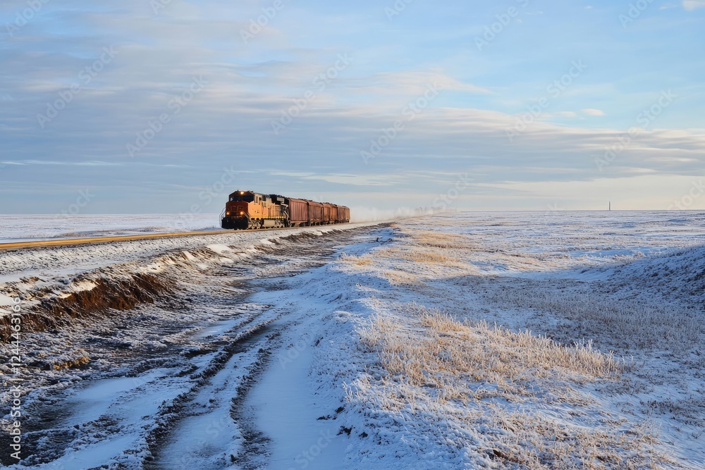 Lonely red train traversing through vast snowy landscape. Lonely red train traversing through vast snowy landscape.