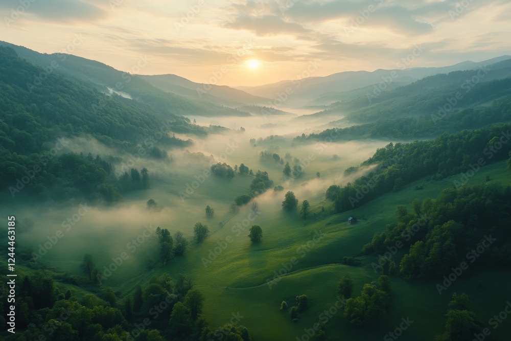 Fototapeta premium Panoramic view of rolling green hills under a cloudy sky