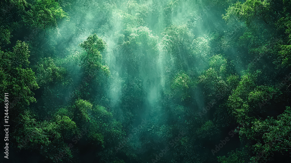 Obraz premium Dense forest filled with tall, leafy trees. The sunlight is streaming through the leaves, creating a beautiful and tranquil atmosphere. The forest is teeming with life, with birds chirping