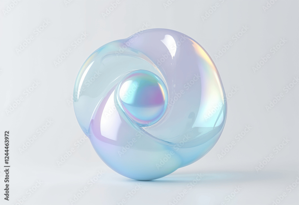 A 3D render of an abstract sculpture. Swirling, iridescent pastel blue glass forms enclose a smaller, shimmering sphere. The piece is minimalist and elegant. A 3D render of an abstract sculpture. Swirling, iridescent pastel blue glass forms enclose a smaller, shimmering sphere. The piece is minimalist and elegant.