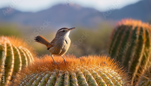 Vibrant Cactus Wren Perched on Prickly Cactus in Desert Oasis A Captivating Scene of Southwestern Wildlife and Flora, Full of Life and Texture. photo