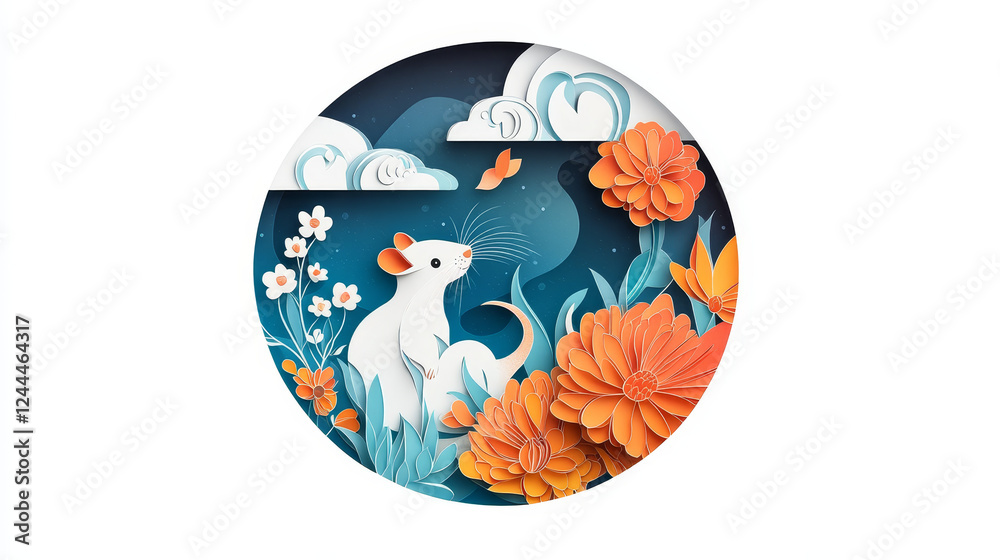 Rat symbol of Chinese New Year round ornament with flowers and clouds. Vector paper cut coin with mouse Rat symbol of Chinese New Year round ornament with flowers and clouds. Vector paper cut coin with mouse