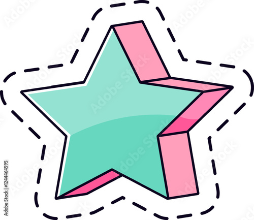 Light green and pink three dimensional five pointed star with dashed stroke representing a playful and modern design, ideal for children s projects or trendy designs