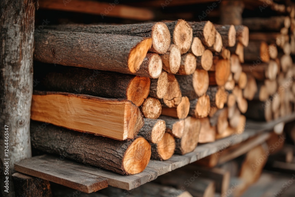 Piles of stacked firewood in a rustic outdoor setting Piles of stacked firewood in a rustic outdoor setting