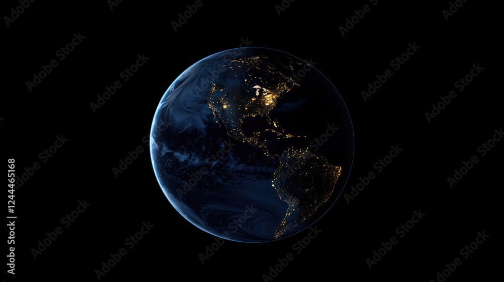 Planet Earth Seen from Space, with the Lights of Cities and Urban Areas Glowing Brightly, Creating a Stunning Contrast Against the Blackness of Space Planet Earth Seen from Space, with the Lights of Cities and Urban Areas Glowing Brightly, Creating a Stunning Contrast Against the Blackness of Space