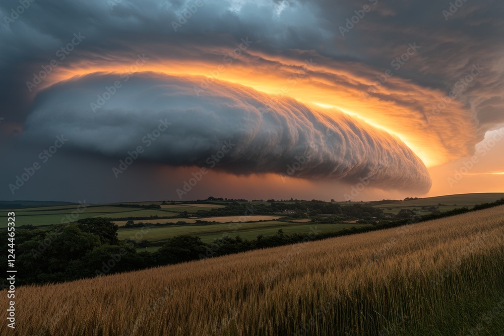 Obraz premium Stormy sky with a dramatic rainbow over a wheat field
