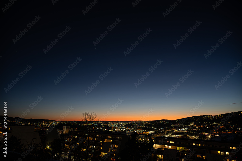 Oslo evening view, overlooking the Oslo Fjord from Groruddalen, Norway Oslo evening view, overlooking the Oslo Fjord from Groruddalen, Norway