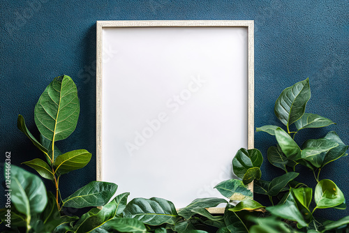 White frame with a green leaf in front of it. The frame is placed on a blue background, which gives the image a calm and peaceful atmosphere