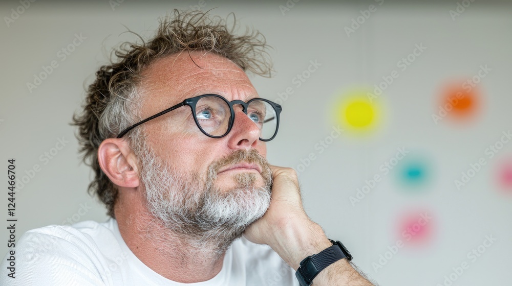 Fototapeta premium Man thoughtfully looking away, hand on chin, office background